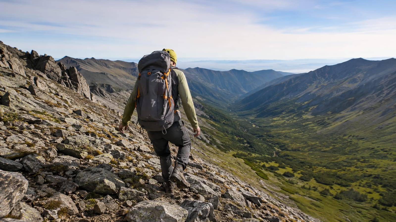 Rocky Trail Footwork: Techniques That Beat Expensive Gear, hiker ascending rocky slope above green valley