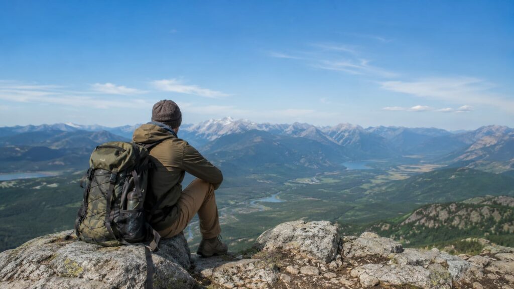 Hiker with backpack sits on rocky summit overlooking vast mountain valley, Start Hiking for Almost Nothing