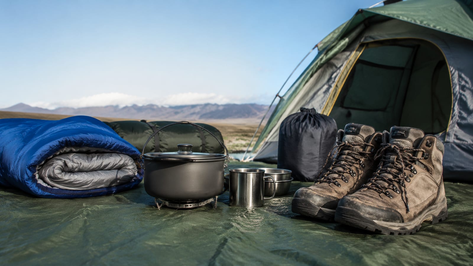 Start Hiking for Almost Nothing: A Budget Guide gear laid out beside tent, hiking boots, cookware