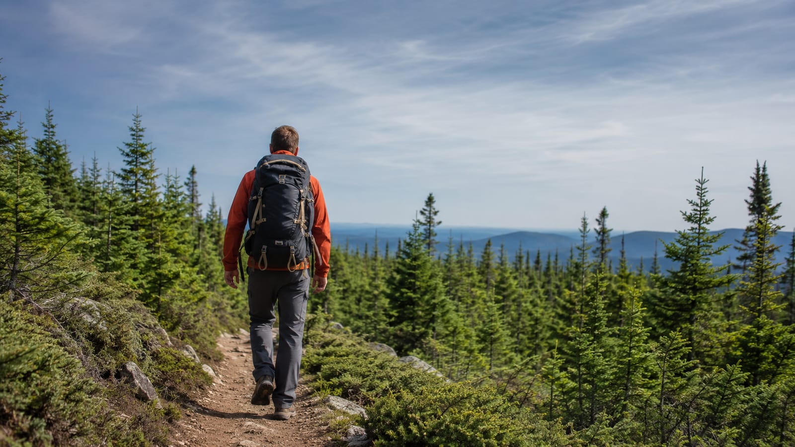 Hiker with backpack walking a mountain trail through evergreen forest, rear view