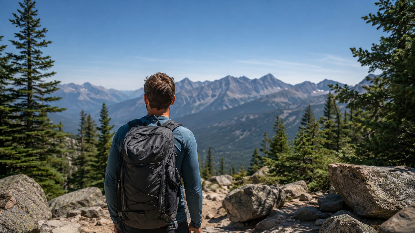 Best breathable hiking shirts for summer trails, hiker in blue shirt facing mountain vista