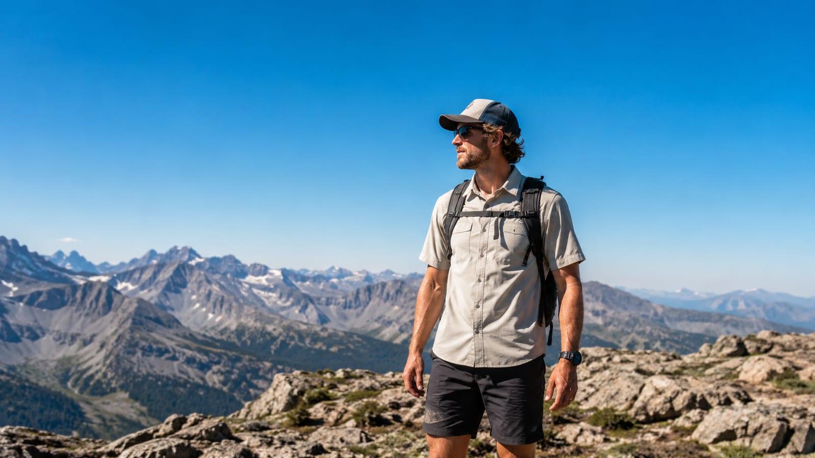 Best breathable hiking shirts for summer trails, man in cap and sunglasses overlooking mountain ridges