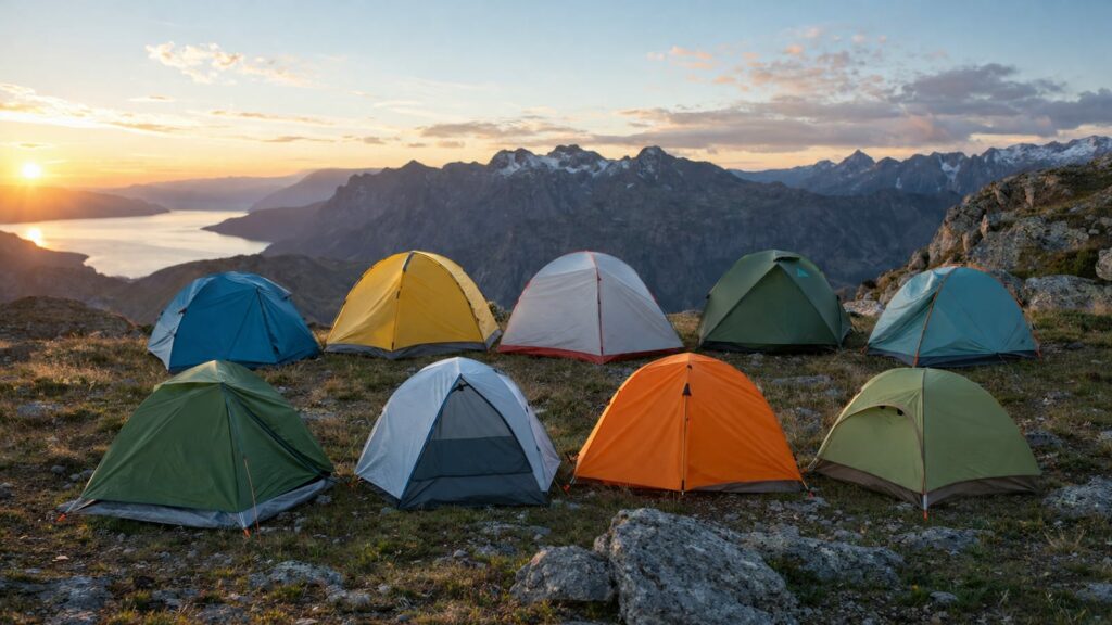 Top 10 Best Hiking Tents Under $200 in 2024 displayed on a mountain ridge at sunset