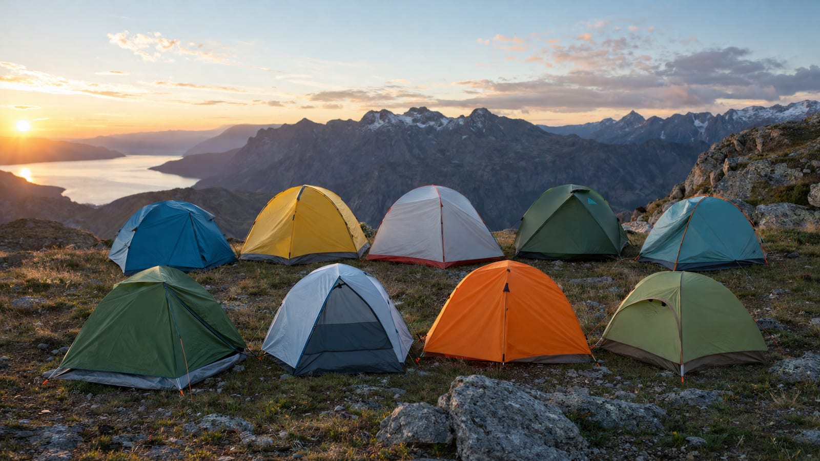 Top 10 Best Hiking Tents Under $200 in 2024 displayed on a mountain ridge at sunset