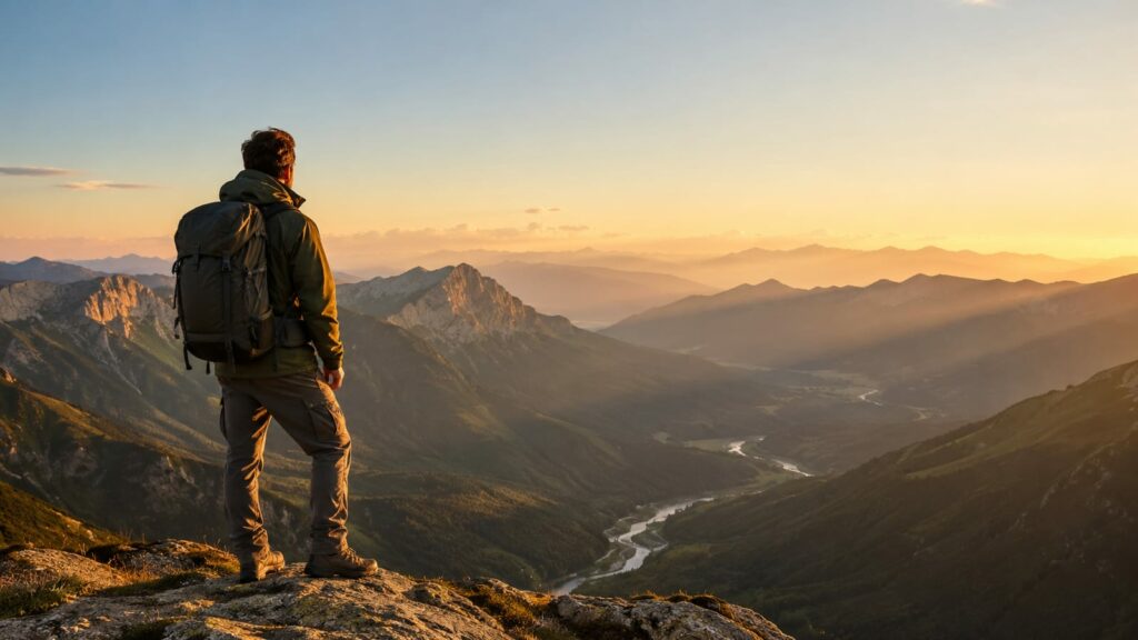 Planning your first solo hiking trip guide, man overlooking vast mountain valley at sunset