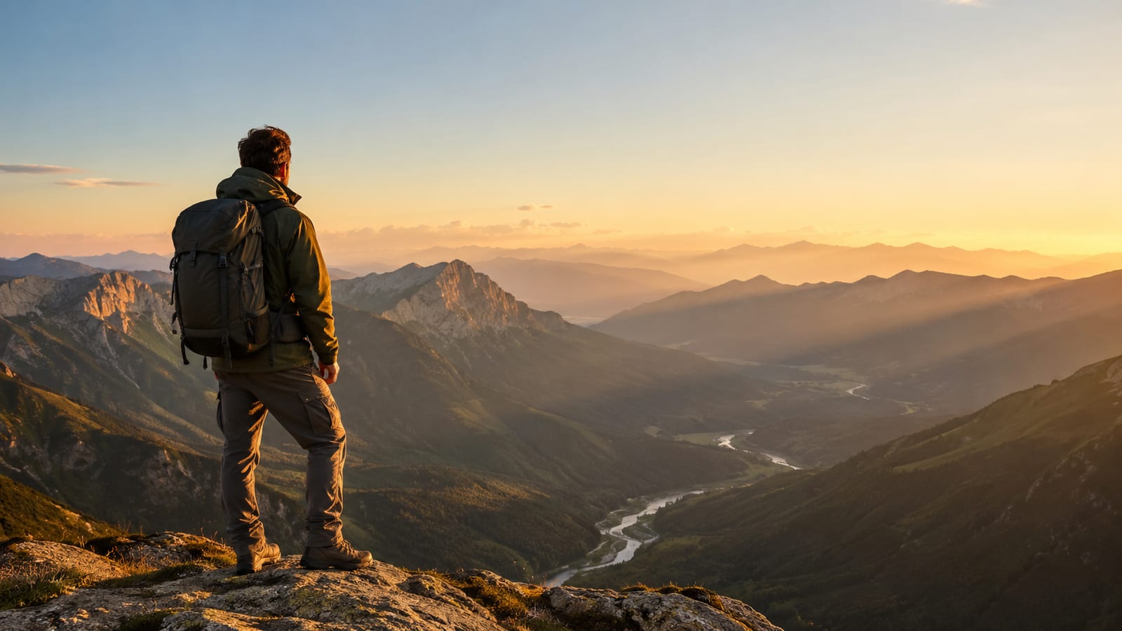 Planning your first solo hiking trip guide, man overlooking vast mountain valley at sunset