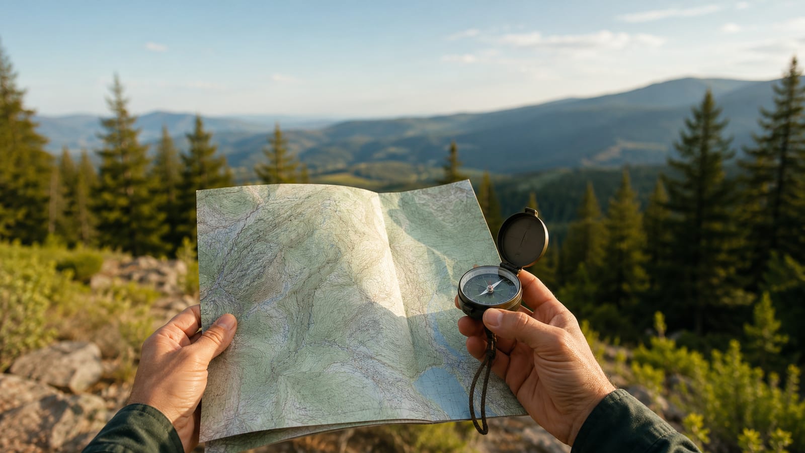 Planning your first solo hiking trip guide held with compass against mountain landscape