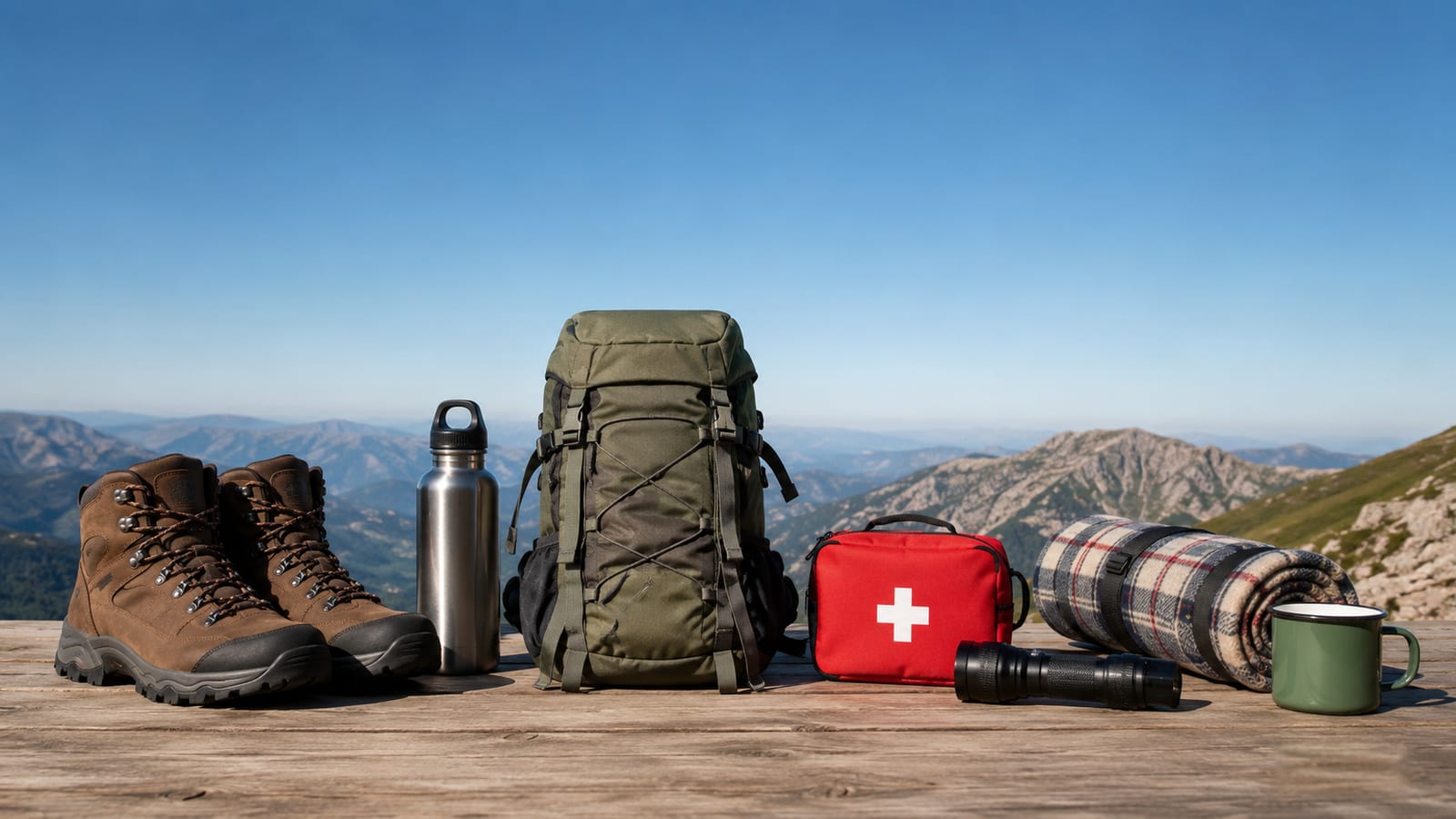 Planning your first solo hiking trip guide essentials displayed on wooden surface with mountain backdrop