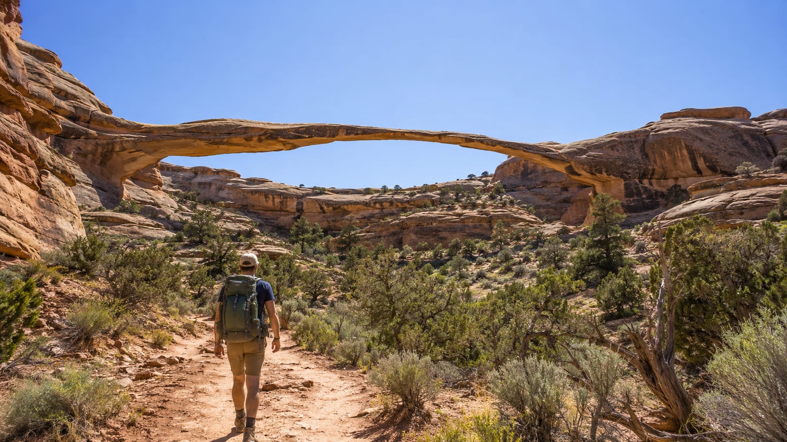 Hiker approaching a massive sandstone natural bridge along a rugged desert canyon trail