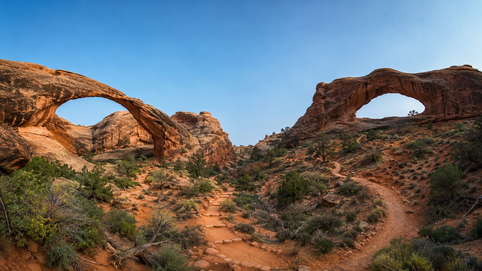 Three desert hiking paths revealing distinct natural bridges beneath layered canyon walls