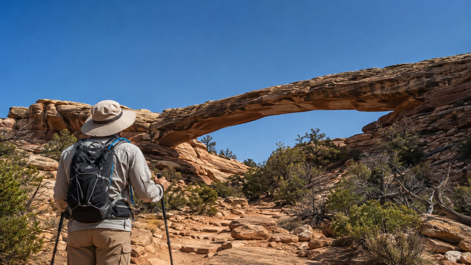 Desert hiker carrying water, trekking poles, and sun protection near a natural bridge