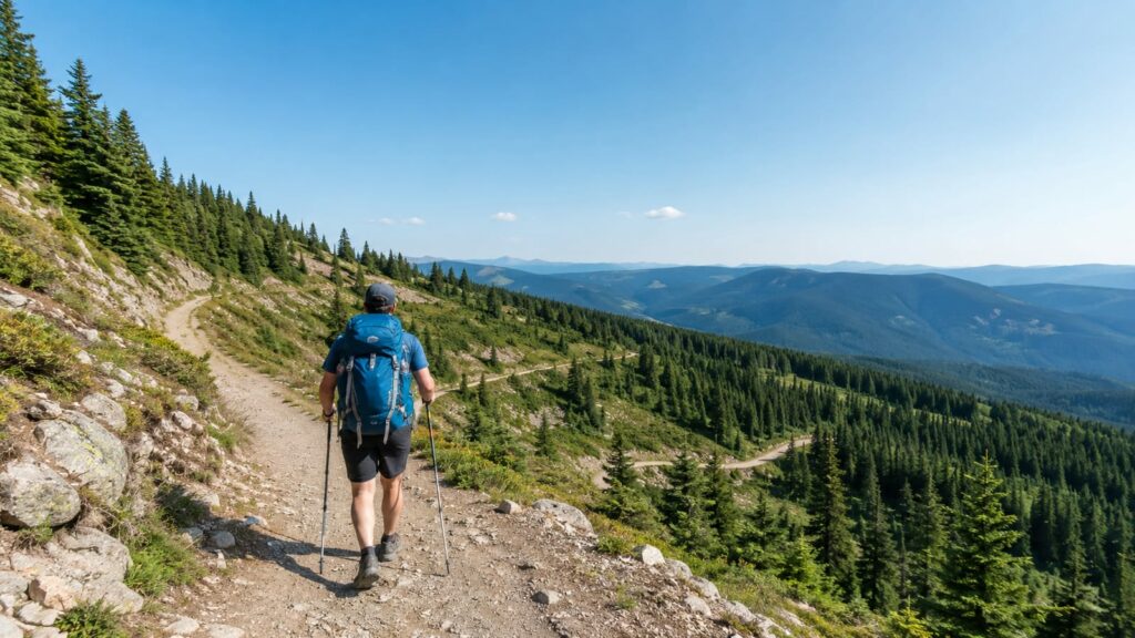 Hiker with trekking poles ascending a broad mountain switchback above a forested valley