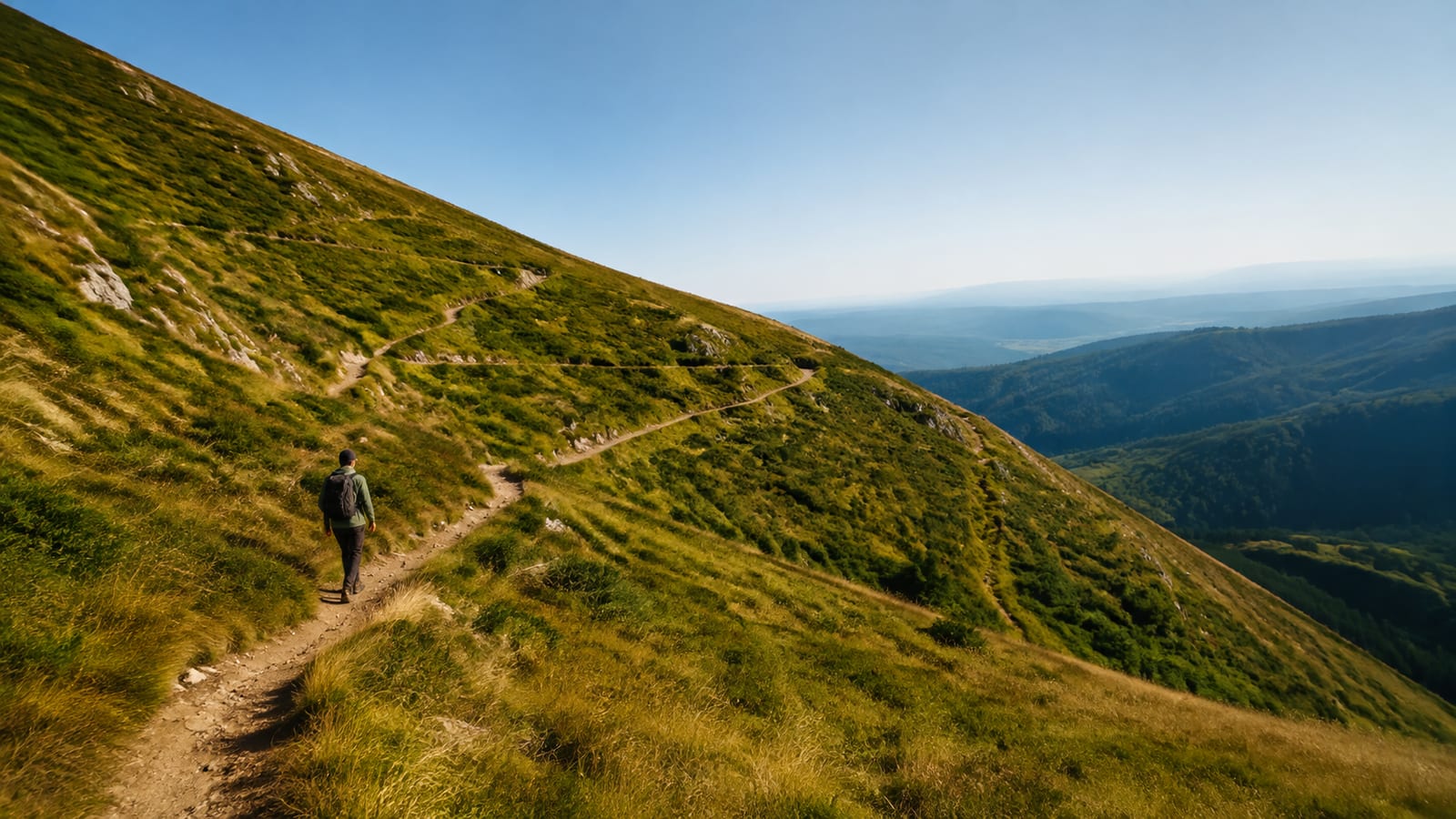 Wide trail zigzagging across a steep grassy mountainside with a lone hiker climbing