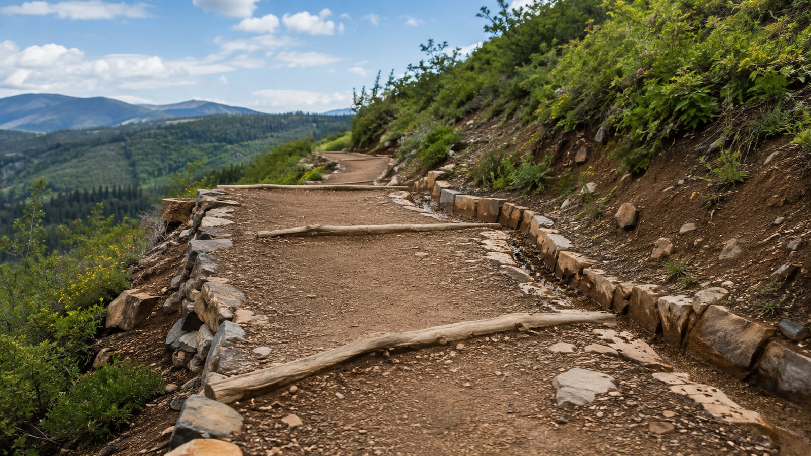 Stone drainage features and retaining walls protecting a dirt switchback from heavy runoff