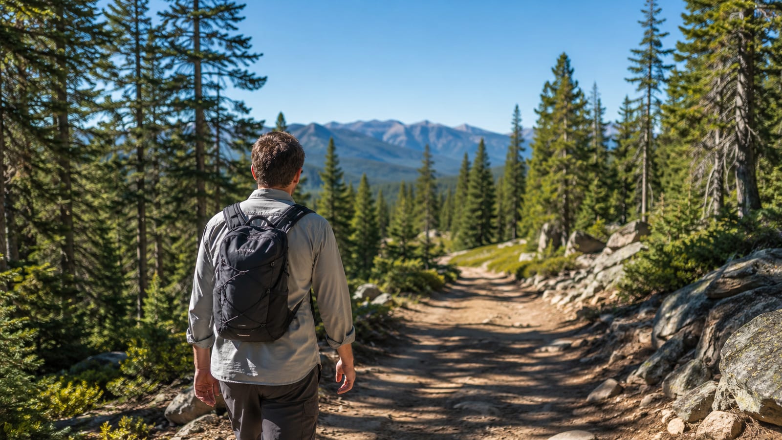 Hiker wearing a lightweight breathable button shirt on a sunny forest trail