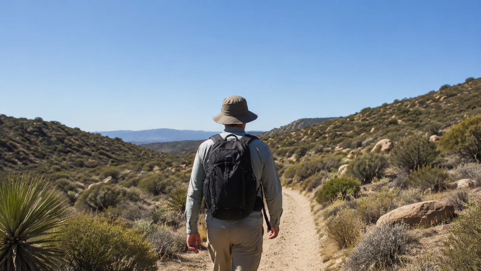 Hiker in a lightweight long-sleeve shirt walking through bright open terrain