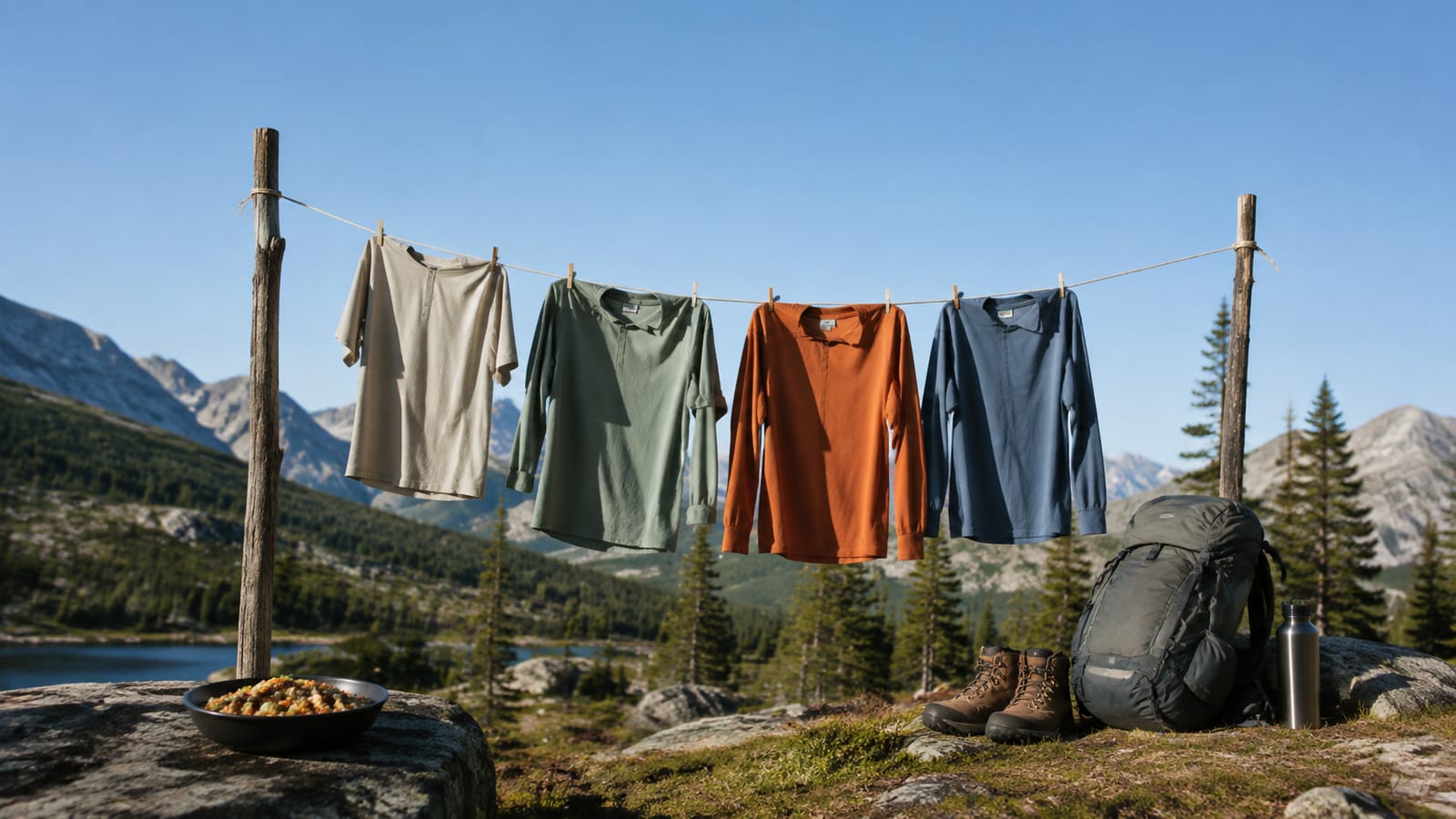 Lightweight hiking shirts drying outdoors after washing beside camping gear
