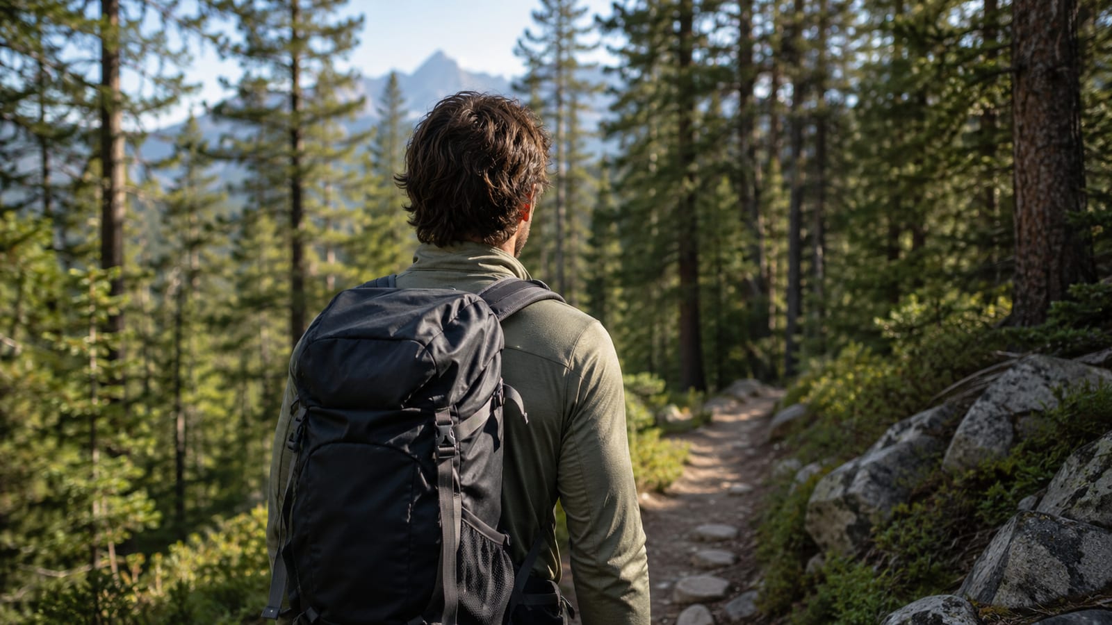 Hiker testing breathable shirt fit beneath shoulder straps on a wooded trail