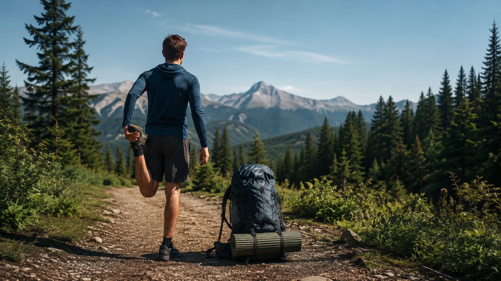 Backpacker performing a standing quad stretch beside a loaded hiking pack on a forest trail