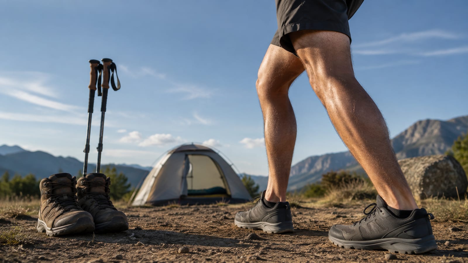Close view of hiker stretching a calf beside dusty boots and trekking poles at camp