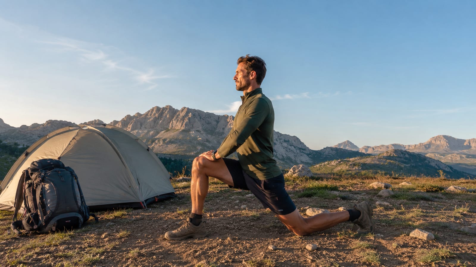 Hiker in profile doing a hip flexor stretch beside a tent and unloaded pack at camp