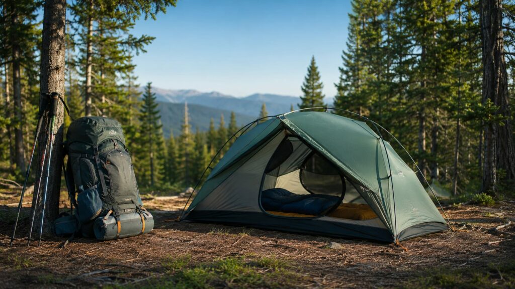Compact backpacking tent beside a loaded hiking pack on a forest clearing floor