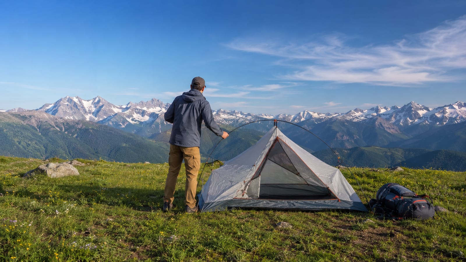 Solo hiker seen from behind pitching a small two-person tent on an open alpine meadow