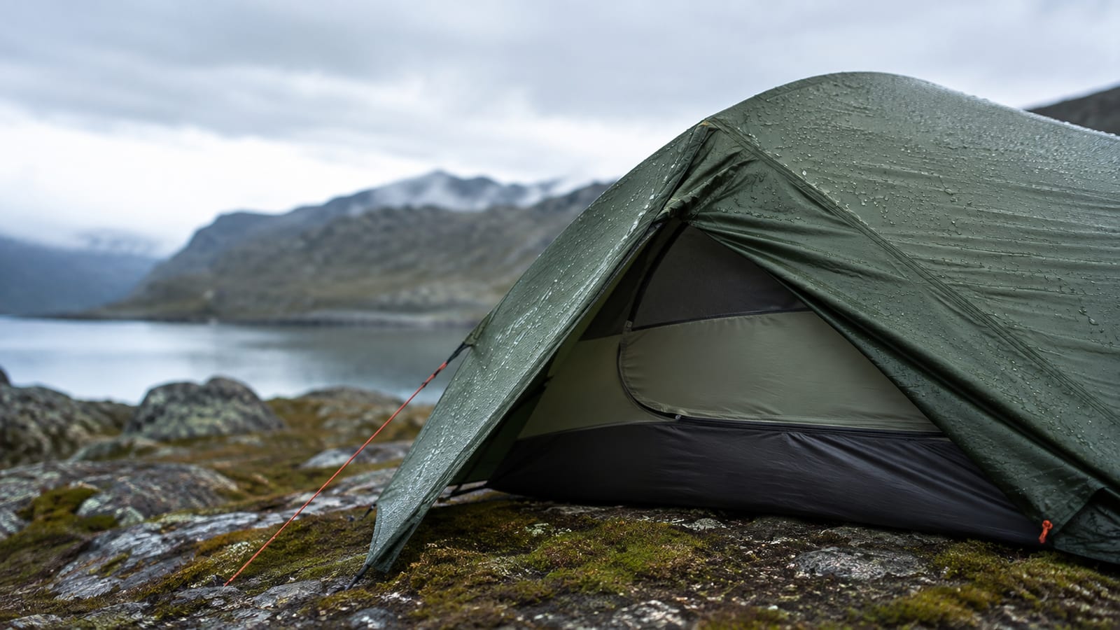 Close-up of compact tent rainfly seam, bathtub floor, and taut guyline during light rain