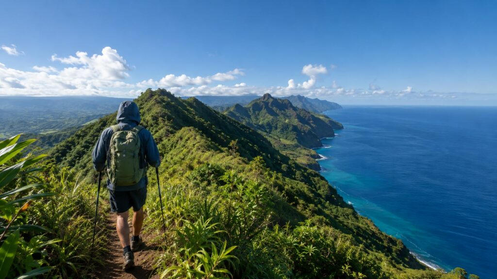 Hiker with trekking poles on a lush tropical ridge above rugged coastal cliffs