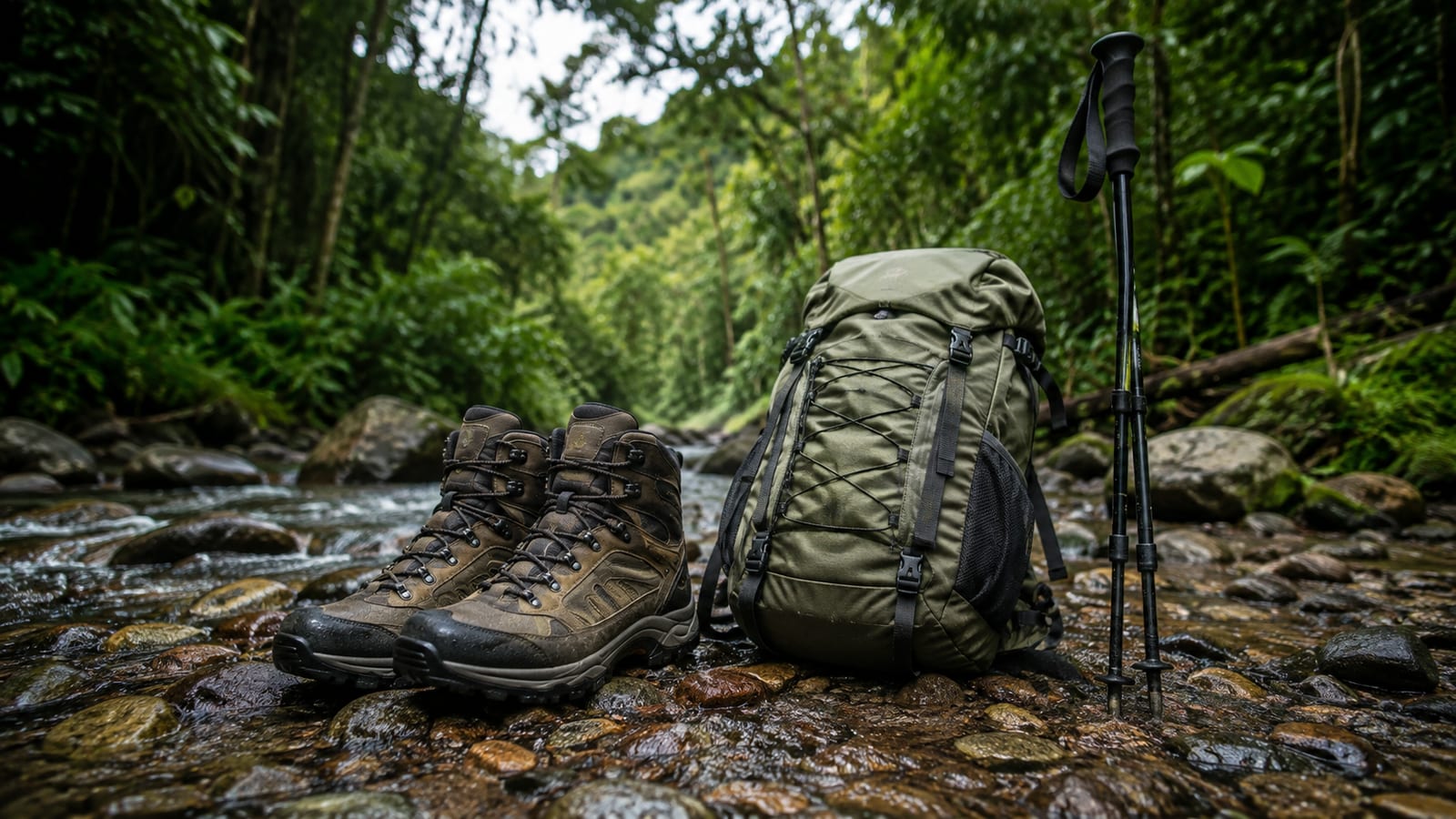 Waterproof hiking boots and trekking poles crossing a shallow forest stream