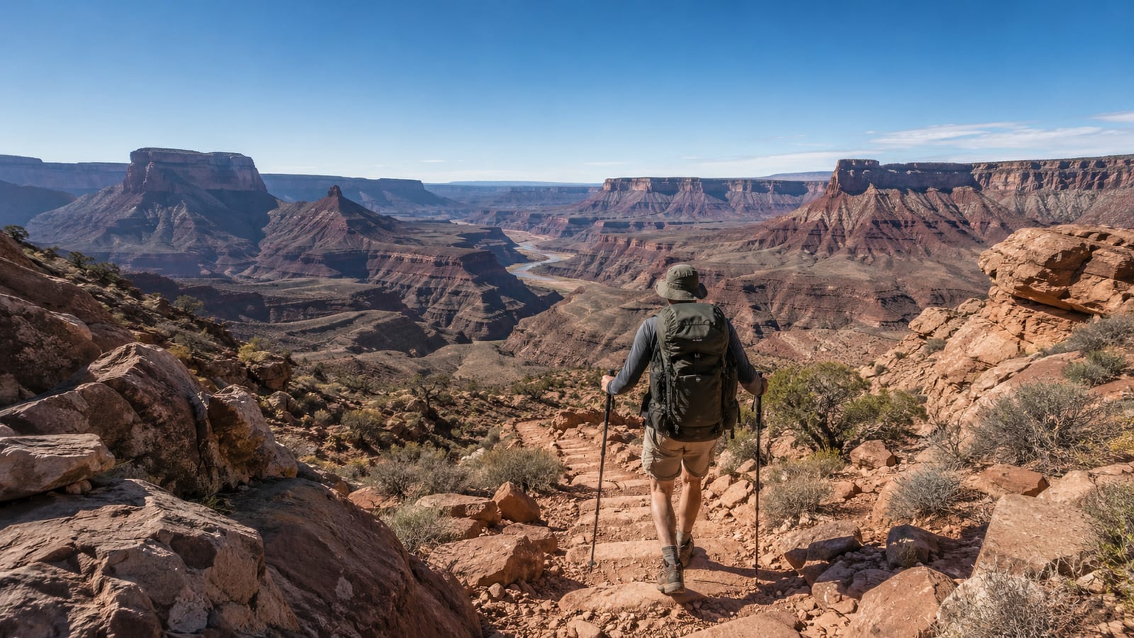 Hiker with a loaded backpack descending a steep desert canyon trail at dawn