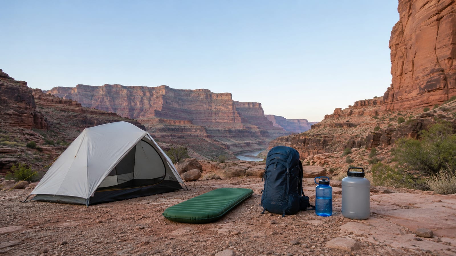 Small tent and backpack at a secluded canyon campsite beneath layered cliffs