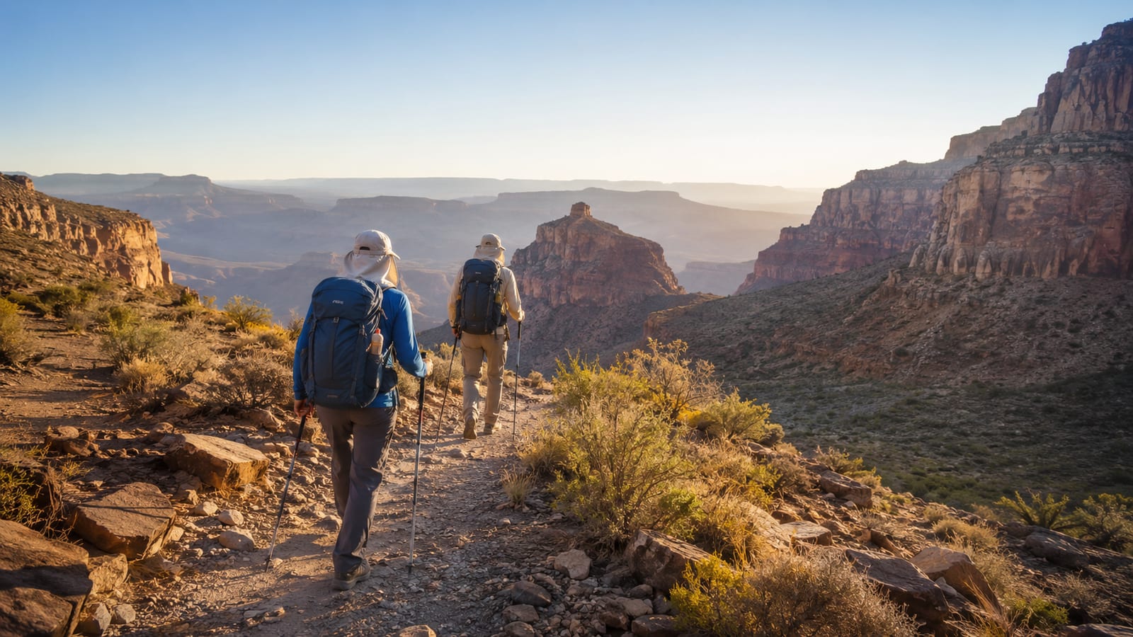 Two hikers seen from behind climbing a shaded canyon trail during a cool morning