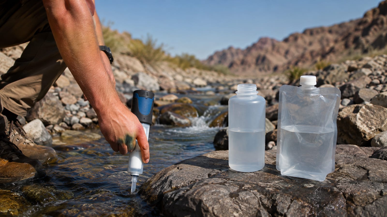 Backpacker filtering water beside a rocky desert stream with extra containers nearby