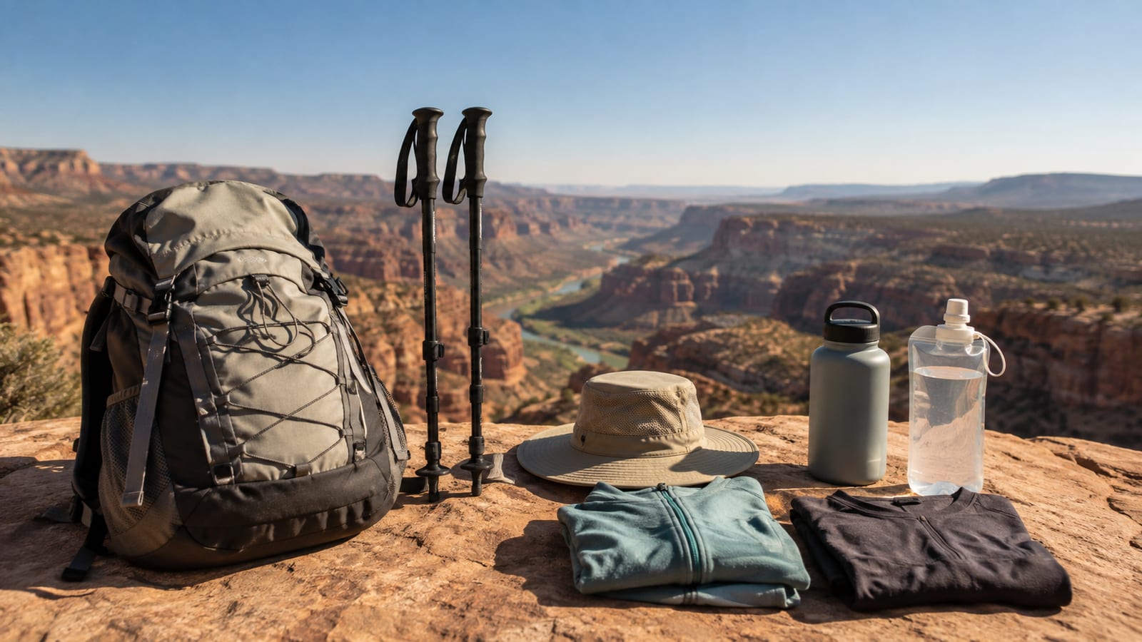 Lightweight hiking pack, trekking poles, sun protection, and water gear arranged on canyon rocks