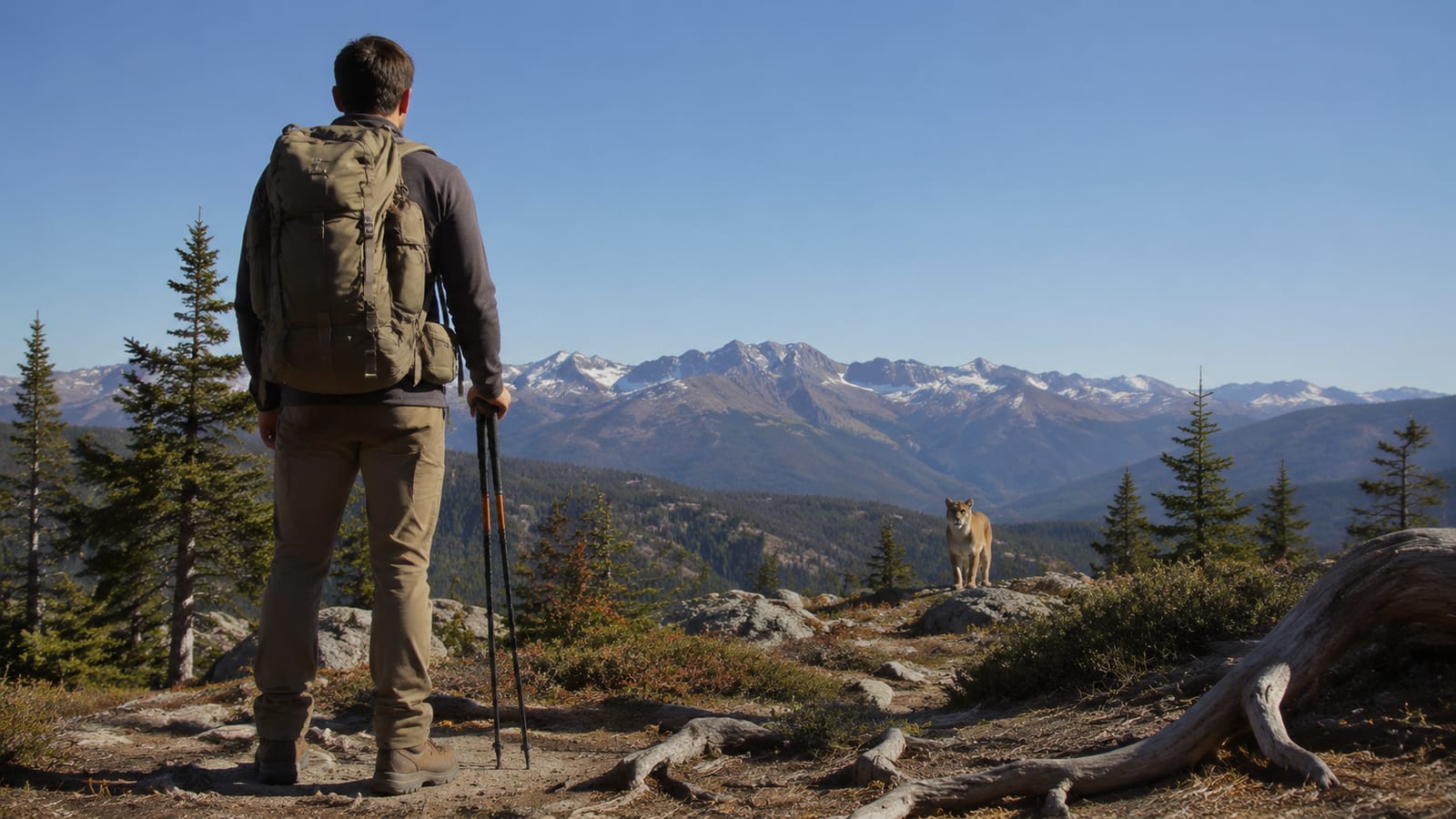 Backpacker standing tall on a forest trail while a mountain lion watches from distance