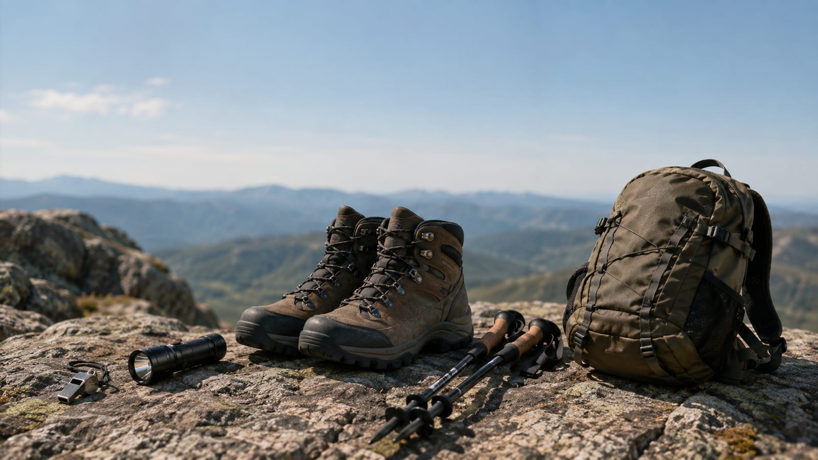 Hiking safety gear arranged on a rock: whistle, flashlight, sturdy boots, and trekking poles