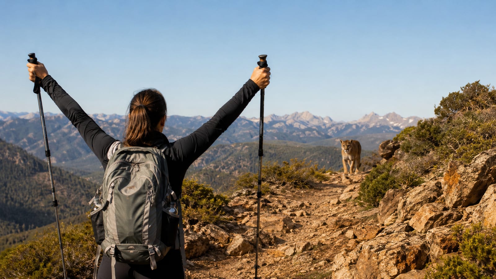 Hiker seen from behind raising arms toward a distant mountain lion on a rugged trail