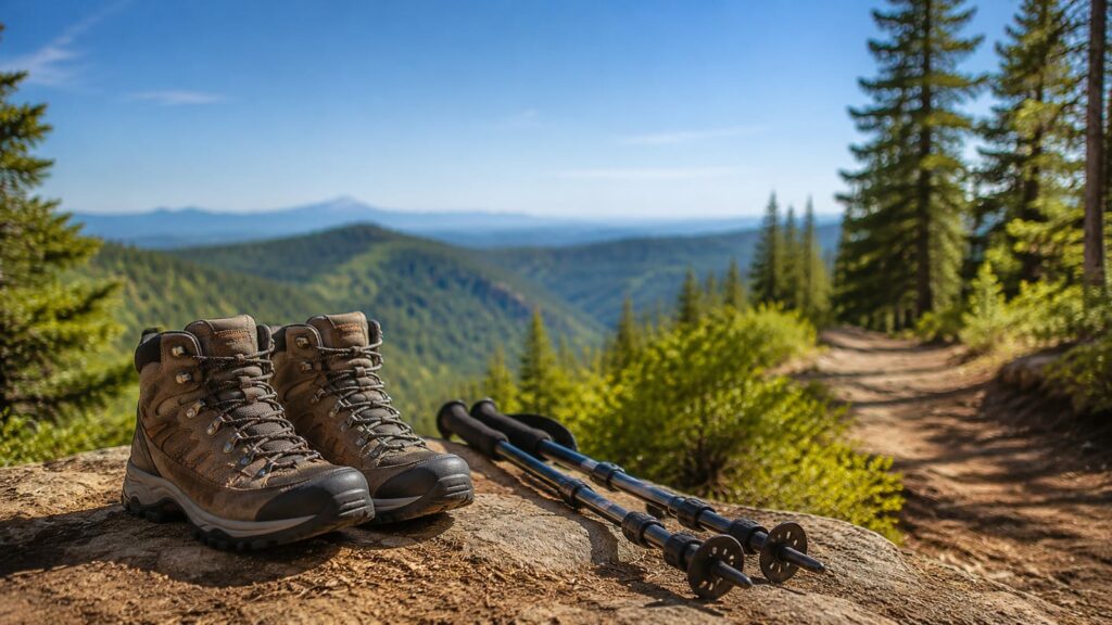 Pair of supportive hiking boots beside trekking poles on a rocky forest trail