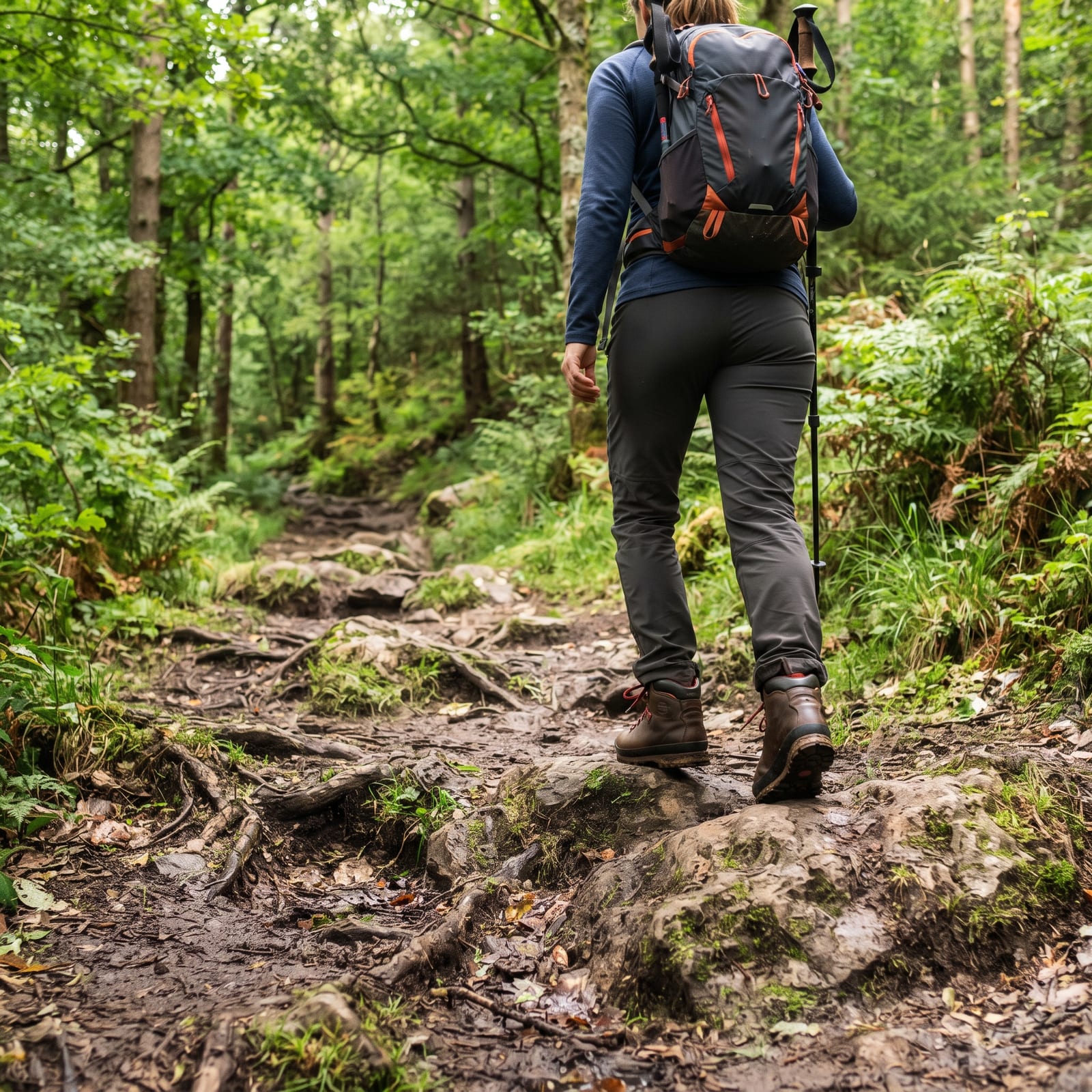 Hiker seen from behind testing supportive boots on uneven ground during a forest ascent