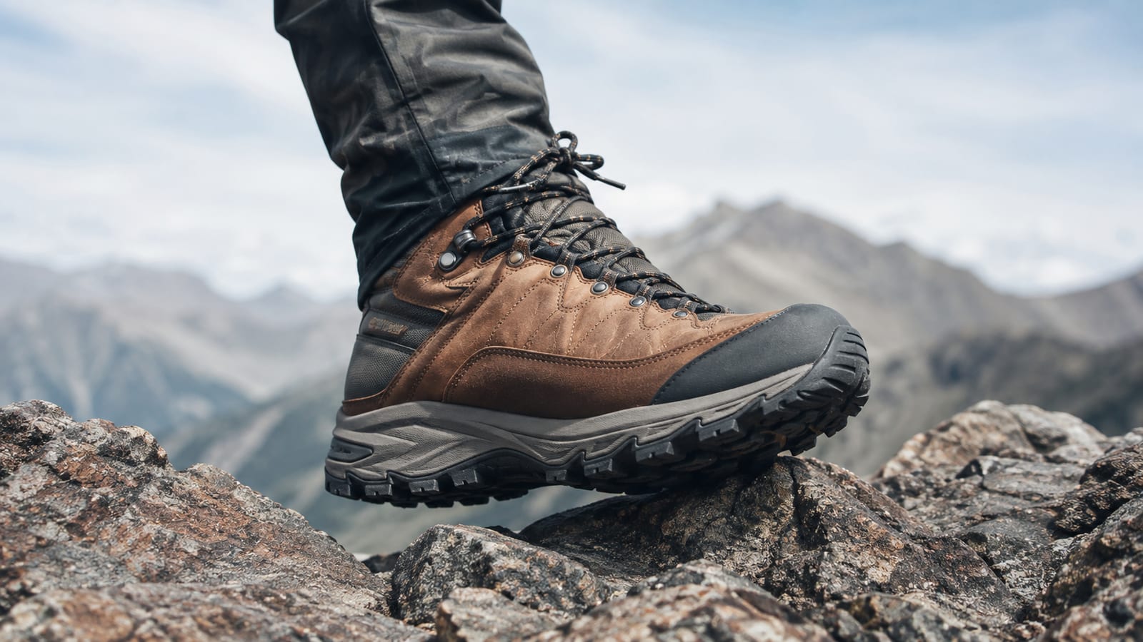Close-up of rugged hiking boot sole flexing against rocky terrain to demonstrate torsional stability