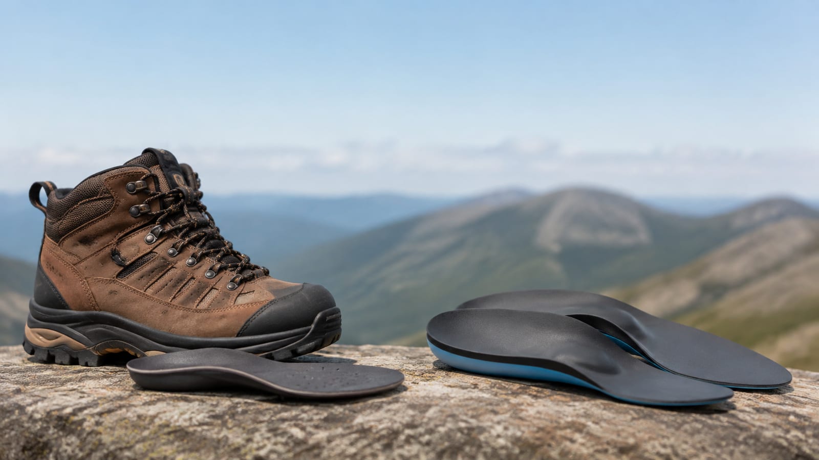 Removable insole and supportive hiking boot arranged beside a pair of custom orthotic inserts
