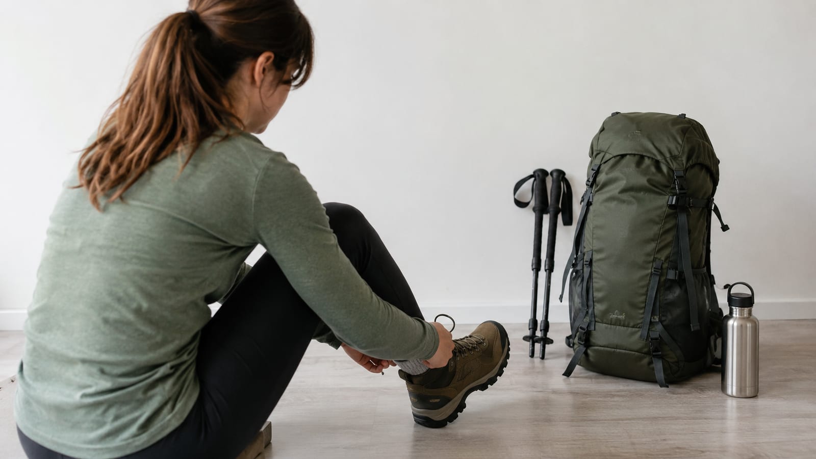 Hiker seen from behind lacing hiking boots and checking heel fit before a day hike
