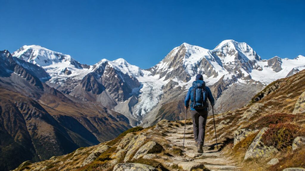 Hiker with trekking poles follows a rugged alpine trail beneath dramatic glaciated mountains