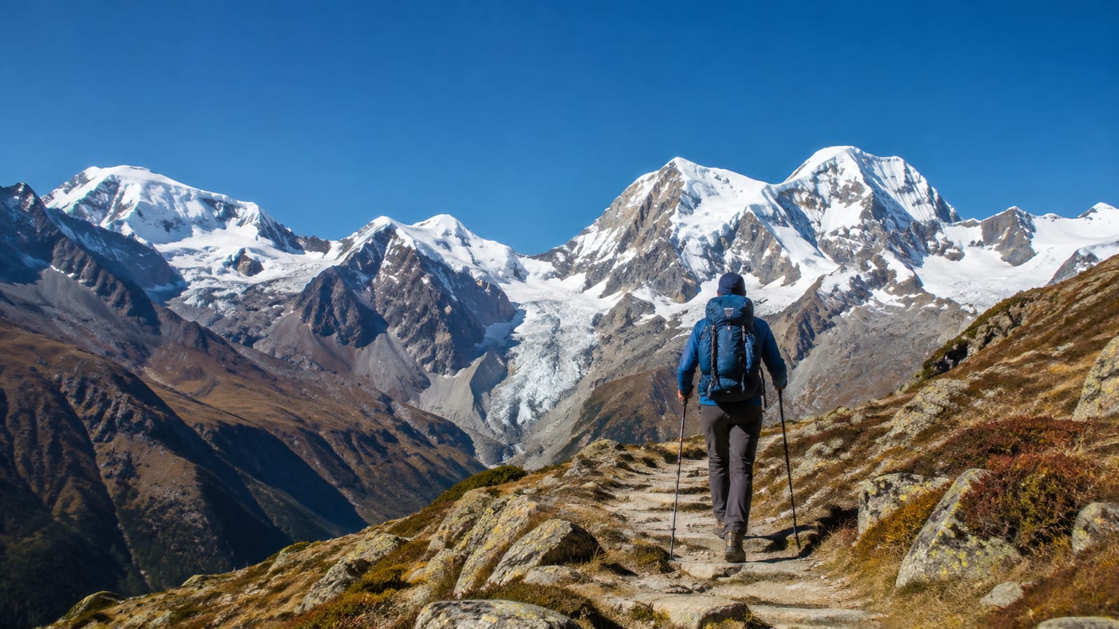 Hiker with trekking poles follows a rugged alpine trail beneath dramatic glaciated mountains