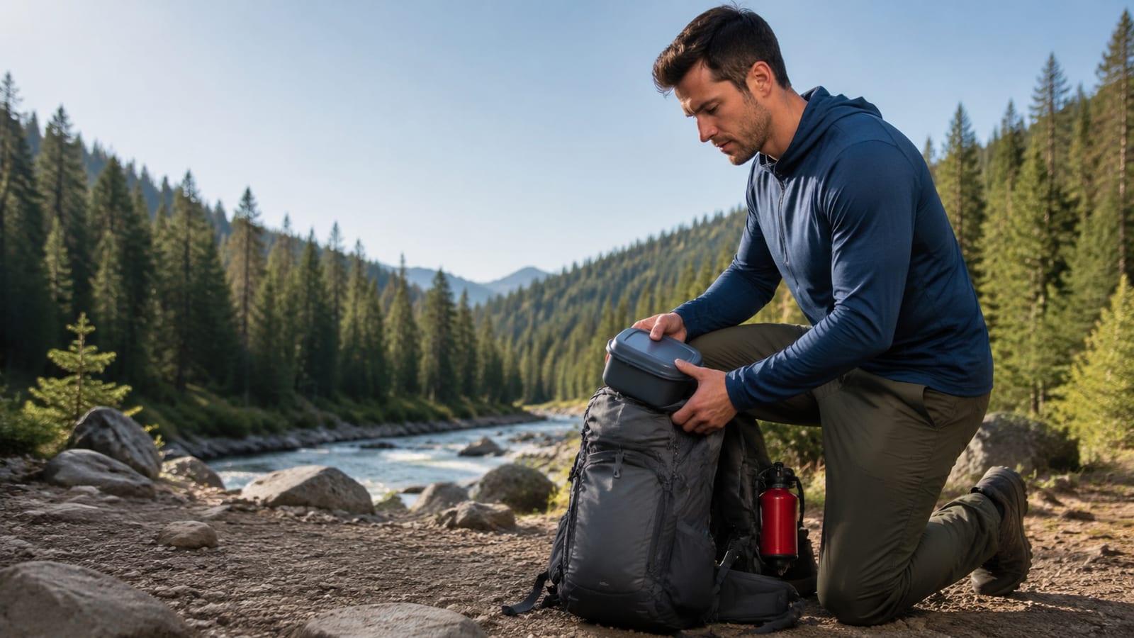 Backpacker checks bear spray while securing food inside a sealed container at forested trailhead