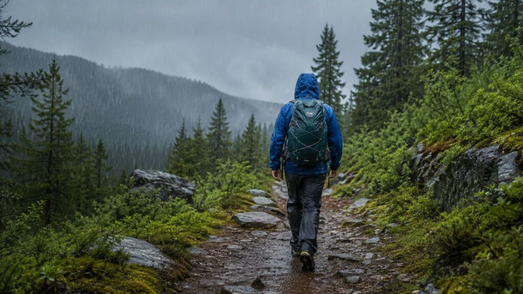 Hiker in waterproof jacket and pants walking a wet forest trail under steady rain
