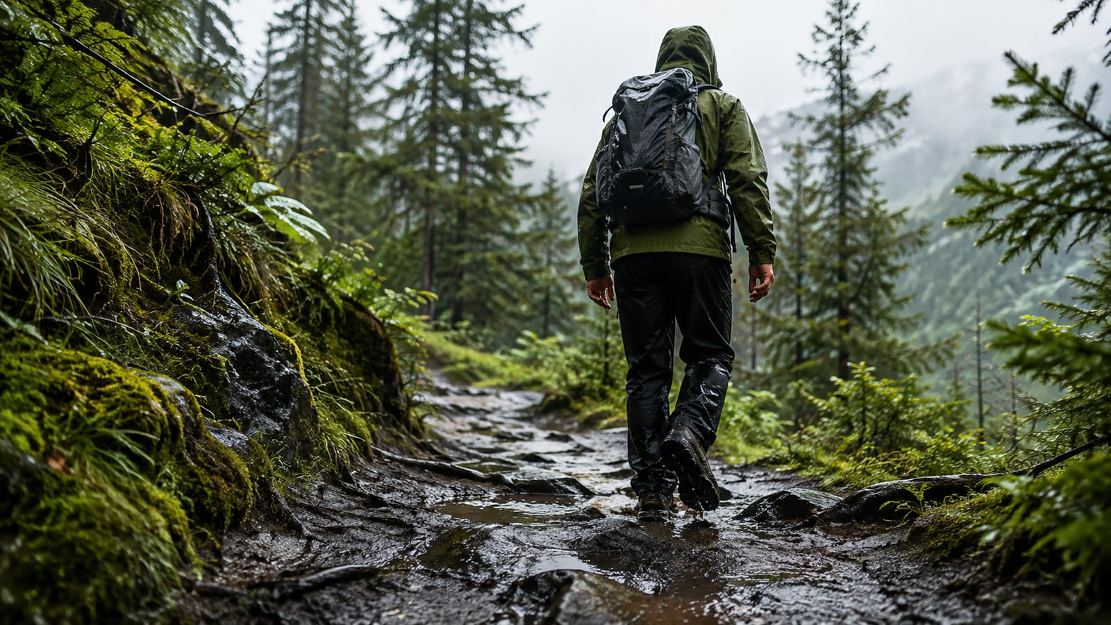 Wet-trail hiker wearing protective footwear beside puddles and slick exposed roots