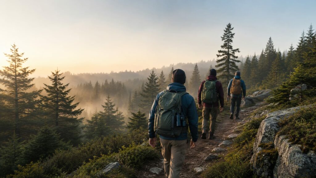 Three hikers single file on misty forest trail at dawn