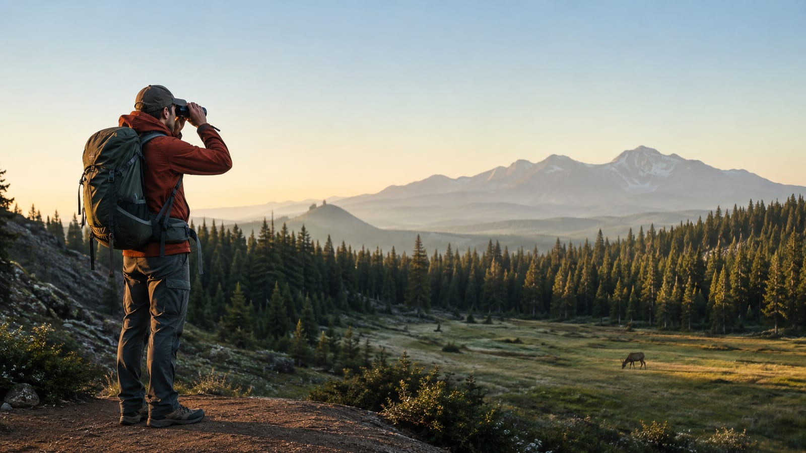 Hiker watching distant deer from trail edge with binoculars
